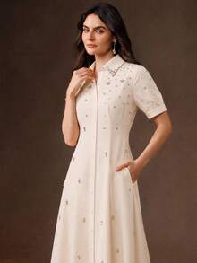Anewsta Summer New Style Lapel Bead & Rhinestone Decor Waist-Defining Fashion Casual Versatile Shirt Dress - Beige - View 6