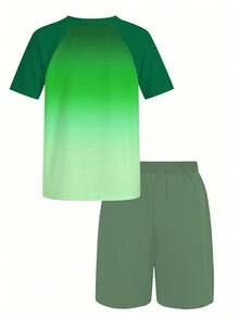 Boys Two Pieces Rash Guard Swimsuits Teen Boy Vacation Short Sleeve Sunsuit Swimwear Sets 12-16Y - Green - View 2