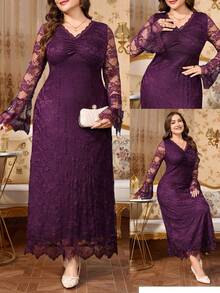 Reflora Plus Size Elegant Party Formal Evening Solid Color Lace Dress Autumn Wedding Purple Fall - Purple - View 9