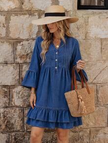 EMERY ROSE Gaun Denim Longgar Berlipit Lengan Lebar Leher V Warna Biru untuk Wanita - Biru - View 1