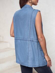 EMERY ROSE Drawstring Waist Denim Vest Jacket - Blue - View 2