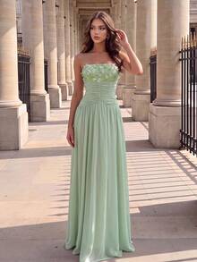 Poshira Women's Halter Neck Chiffon Maxi Dress With Beaded Bust And Flowy Hem, Suitable For Formal Occasions Floral Sequin Ribbon Design Strapless Elegant - Green - View 5