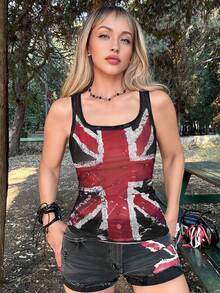 Street Life ROMWE X Lorella UK Flag Music Festival Sexy Sheer Mesh Ladies Tank Top - Black - View 3