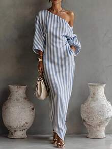 SHEIN LUNE Striped Pattern Asymmetrical Shoulder Back Slit Dress Suitable For Summer Wear - Blue and White - View 1