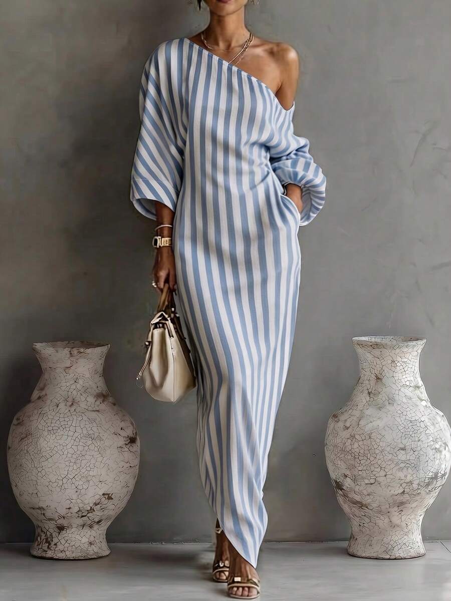 SHEIN LUNE Striped Pattern Asymmetrical Shoulder Back Slit Dress Suitable For Summer Wear - Blue and White - View 1