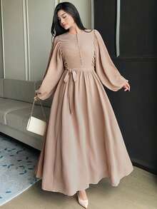 Dazy Plus Elegant Solid Color Round Neck Ruched Waist Lantern Sleeve Khaki Mid-Length Dress, Spring Summer Autumn New - Khaki - View 7