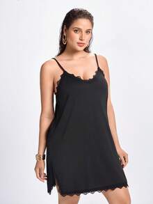 Slumbrini Plus Contrast Lace Split Hem Cami Pajama Nightdress Halloween Lingerie - Black - View 1