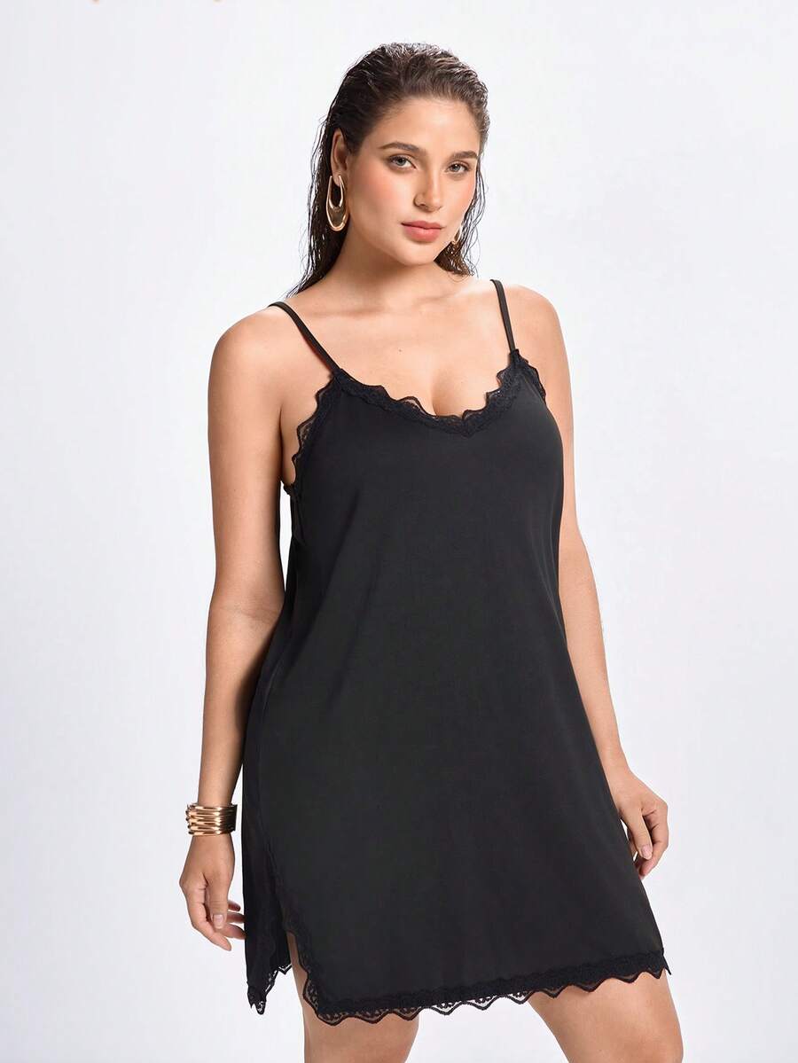 Slumbrini Plus Contrast Lace Split Hem Cami Pajama Nightdress Halloween Lingerie - Black - View 1