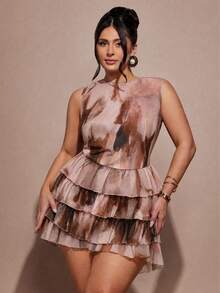 SHEIN BAE Plus Size Summer Elegant Ruffle Tie-Dye Print Romper - Multicolor - View 5