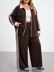 SHEIN CURVE+ Sporty Chocolate Brown Webbing Zipper Placket Sweatshirt Autumn 2026 Plus Size 22W Back To School Vacation Active Fall - Brown - View 8