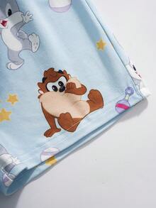 LOONEY TUNES X SHEIN Baby Boy Cartoon Print Short Sleeve Top And Shorts Casual Daily Home Sleepwear Set - Blue - View 6