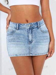 SHEIN PETITE 女款休閒街頭風日常城市度假通勤修身牛仔迷你裙，夏季，小個女款外出夜生活水藍色 - 淺色水洗藍 - 查看 1