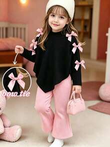 SHEIN Elladie kids 女童 2 件套秋季套裝，長袖不對稱下擺上衣飾粉色蝴蝶結搭配粉色長褲，返校服飾，秋季女童衣著 - 彩色 - 查看 4