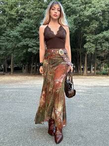 Grunge Punk ROMWE X Lorella Contrast Lace Halter Top - Chocolate Brown - View 5