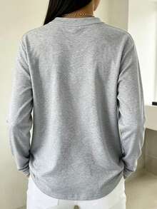 Breezaya Plus Size Women's Solid Color Casual Versatile Daily Long Sleeve Top - Grey - View 2