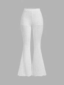 SHEIN MOD Women's Solid Color Textured Flare Leg Pants - White - View 4