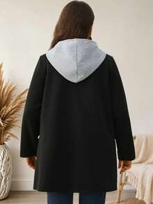 EMERY ROSE Plus Size Women's Color Block Hooded Zip Up Long Sleeve Contrast Trim Pocket Mid-Length Jacket Outerwear Autumn Coat Fashion 2026 Concert Black Baggy - Multicolor - View 5