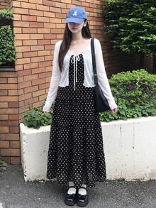 Bijouette 大尺碼女款波點簡約可愛甜美風休閒優雅度假細肩帶洋裝，適合約會與約會之夜，滿版黑白配色夏季款 - 黑與白 - 查看 13
