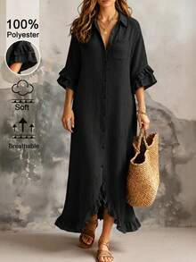 Linhara CURVE Plus Size Women's Solid Color Casual Daily Summer Dress - Black - View 9