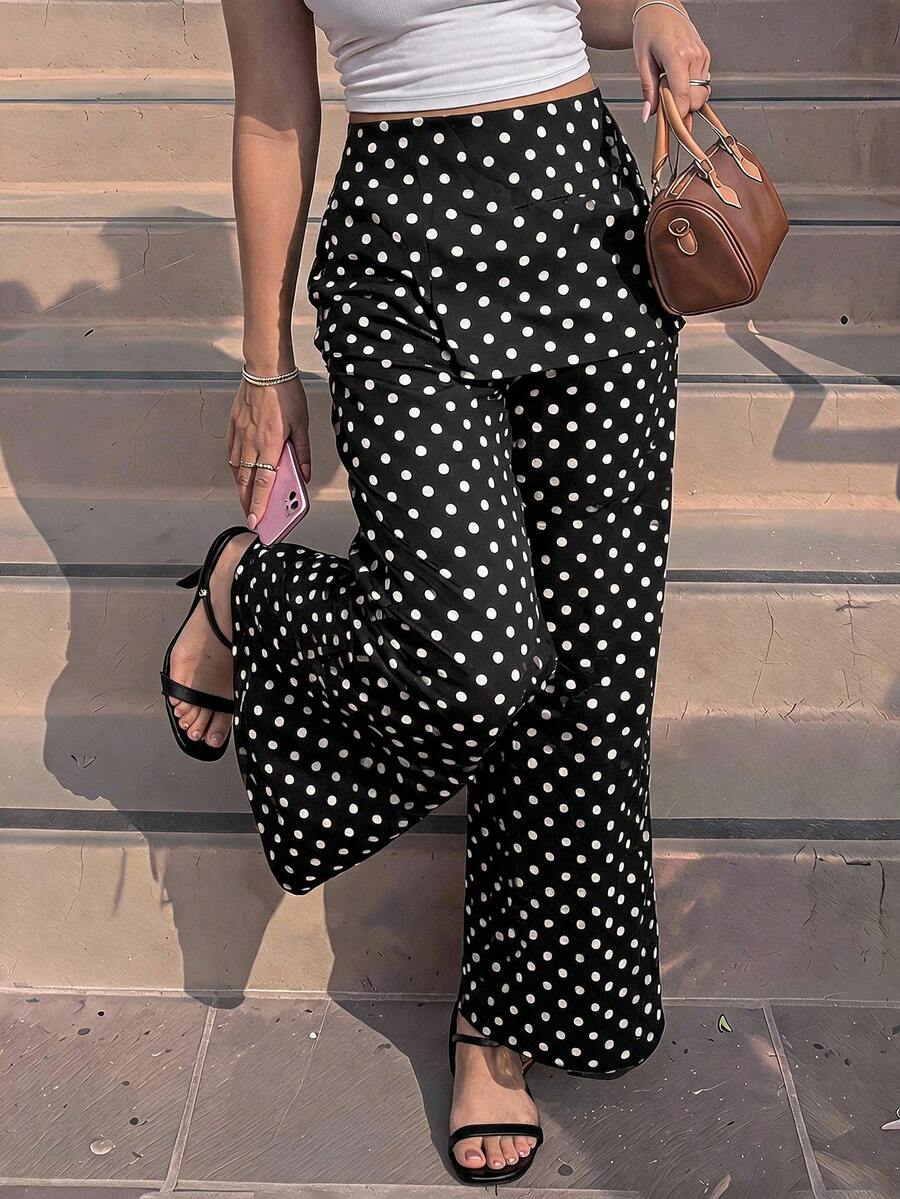 SHEIN MOD 大尺碼女款復古 70 年代優雅經典波點印花長褲 秋冬季 工作 早午餐 度假 辦公室 黑白 秋季 - 黑與白 - 查看 1