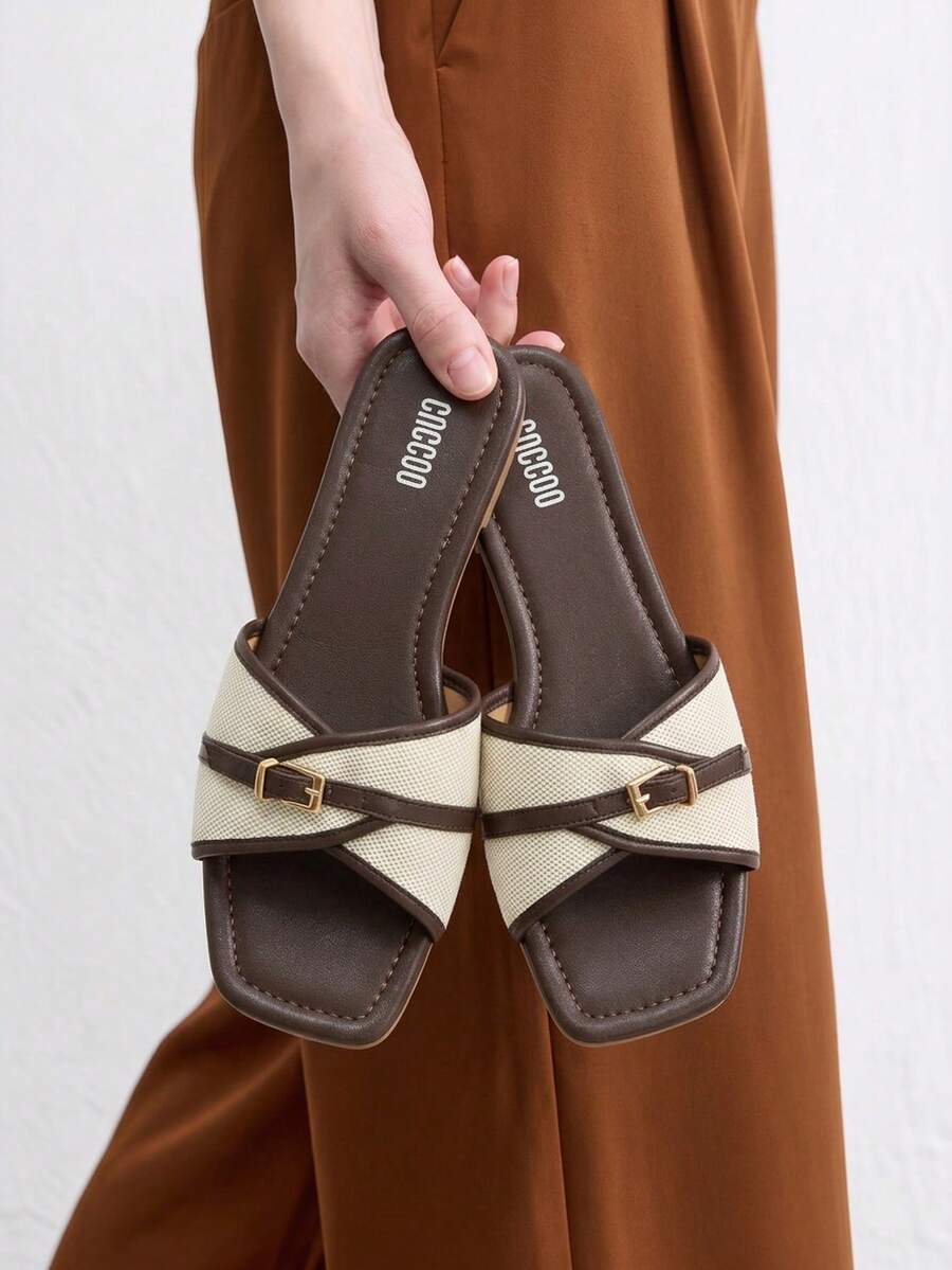 CUCCOO BIZCHIC Women's Spring/Summer New Patchwork Square Toe Soft Sole Flat Sandals With Metal Buckle Cross Strap, Suitable For Daily Commute, Vacation, Outings - Brown - View 1