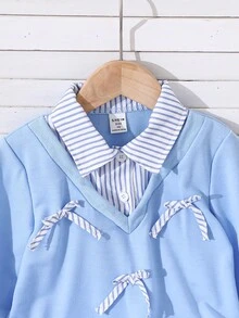 Genkimix Kids 女童休閒可愛學院風春夏/秋冬蝴蝶結水藍色白色純色落肩衛衣＋百褶裙兩件套 - 藍色 - 查看 4