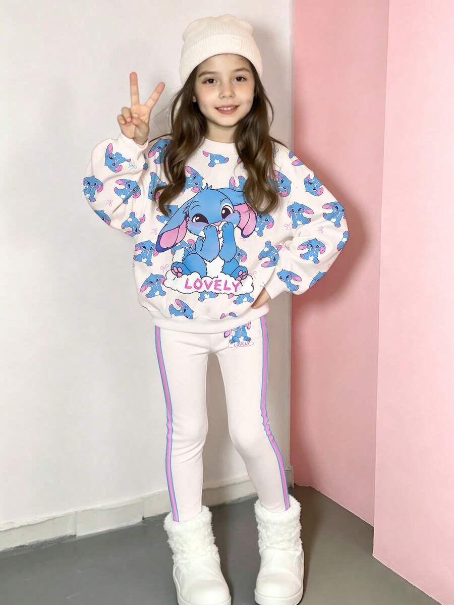 SHEIN 1套青少年女孩韓式休閒風全幅藍色兔子卡通印花圓領衛衣與粉藍對比條紋內搭褲,2件套外出、派對與旅行穿搭,春/秋季 - 彩色 - 查看 1