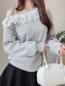 FRIFUL Women's Early Autumn New Korean Style Asymmetric Neck Lace Trim Tie-Up Patchwork Sweatshirt - Grey - View 4