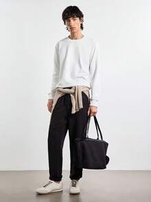 Merionis Men's Solid Color Minimalist Versatile Crew Neck Long Sleeve Pullover Sweatshirt - White - View 6