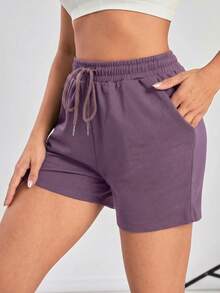 Powerista Women's Casual Solid Color Drawstring Waist Side Pocket Sports Shorts, Summer - Violet Purple - View 3
