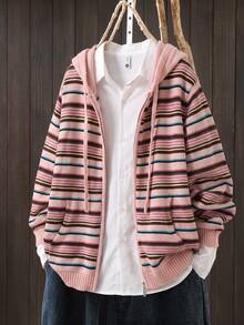 Rusticease Plus Size Casual Striped Hooded Cardigan, Autumn/Winter - Multicolor - View 2