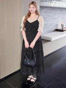 Bijouette 大尺碼女款波點簡約可愛甜美風休閒優雅度假細肩帶洋裝，適合約會與約會之夜，滿版黑白配色夏季款 - 黑與白 - 查看 15