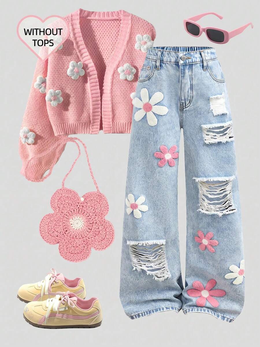 Girlism 青少年女孩花卉毛巾刺繡口袋磨損寬腿寬鬆休閒牛仔褲 - 粉色 - 查看 1