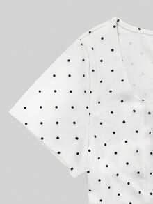 Elenzga Plus Size Women's Woven Regular Fit French 1950s Vintage Minimalist Round Neck Short Sleeve Cinched Waist White Polka Dot Pearl Button Blouse Summer - Beige - View 7