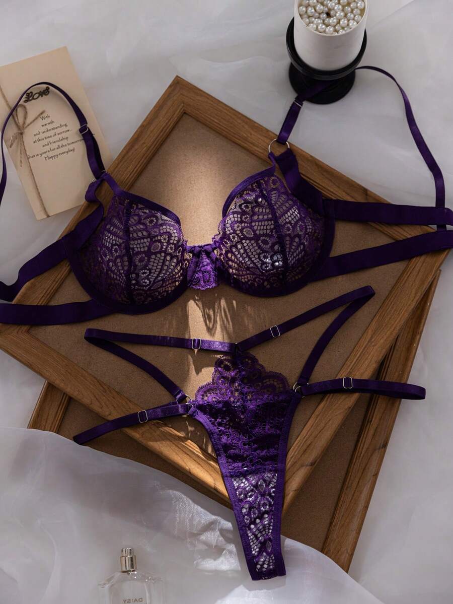 SHEIN 2件組橘色鋼圈亮眼甜美風內衣套裝 - 紫色 - 查看 1