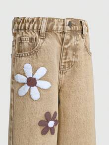 SHEIN ChillGRL Young Girls Denim Two Pieces Outfits 2025 Spring/ Fresh Floral Towel Embroidery Medium Blue Washed Set, Short Jacket + Loose Wide-Leg Pants, Cowgirl - Khaki - View 3