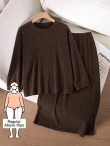 SHEIN LUNE Plus Size Fashion Textured T-Shirt And Long Skirt 2 Pieces Set Back To School Brunch Dinner Going Out Outfits Office Wear For Women Autumn Brown Fall - Coffee Brown - View 11