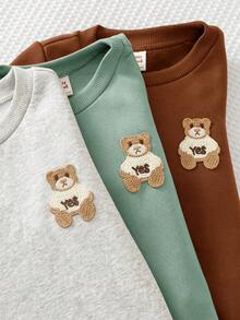 Cozy Pixies 小男孩 T-shirt 套裝，舒適休閒風格，兒童圓領長袖針織衛衣，可愛熊貼布，米色、杏色、黑色，運動長褲套裝，超高 CP 值套裝，買一得二，多件套裝適合外出、街拍、派對、休閒穿著 - 彩色 - 查看 4