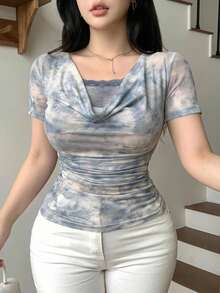 Dazy Plus Lace Patchwork Tie-Dye Gradient Draped Neck Mesh Short Sleeve Bodycon Minimalist Sexy Plus Size Women's Top, Spring Summer Autumn Graphic Tees - Dusty Blue - View 7