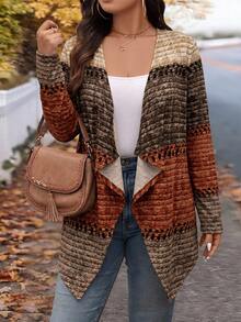 Rosumi Plus Size Rustic Retro Colorblock Patchwork Long Sleeve Open Front Jacket Fall Autumn Casual Layering Going Out Outfits Women Jacket - Multicolor - View 4