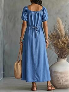 Balvessa Women's Vacation Off-Shoulder Denim Dress With Pockets - Blue - View 3