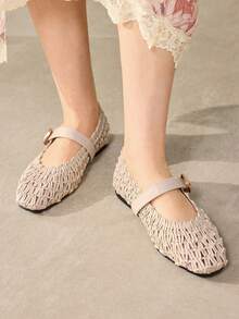 MOTF WOMEN  WOVEN RAFFIA SQURE FLATS - Beige - View 6