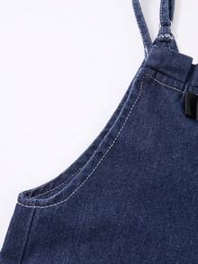 SHEIN Genkimix Kids Girls' Fashion Blue Denim Washed Overalls, Back-To-School Vintage Ruffle Bow Design, Exquisite Bow Decoration On Chest, Loose Straight Leg Fit, Soft And Comfortable Fabric - Dark Wash - View 5