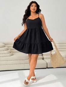 SHEIN EZwear Plus Size Women's Casual Black Ruffle Hem Spaghetti Strap Dress - Black - View 2