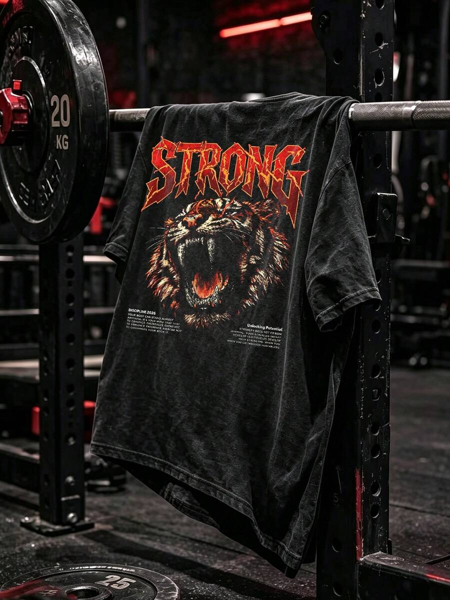 GymBeat 男士獅子標語印花運動T恤 - 黑色 - 查看 1