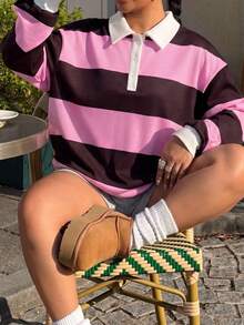 Muchica Plus Size Casual Flapper 1920s Colorblock Striped T-Shirt, Summer/ Back-To-School Vacation Pink Fall - Multicolor - View 1