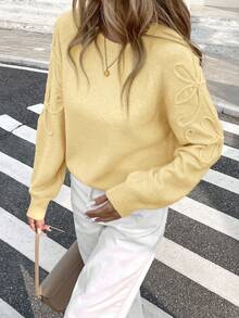 Serisse 女款圓領純色休閒百搭日常穿著長袖針織衫 - 淡黃色 - 查看 4