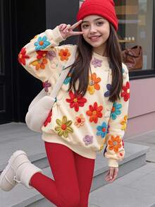 Tween Mädchen Lässiges minimalistisches süßes Sweatshirt mit strukturiertem Blumenmuster, süßer cremiger Stil, lockerer Rundhalsausschnitt, bequemer Langarm, geeignet für Herbst/Winter, Grafik, gemütlich, Y2K, Vintage, neues Sweatshirt - Verschiedenfarbig - Übersicht 2