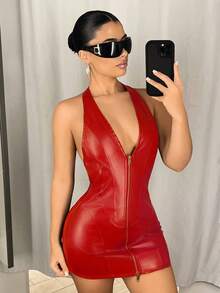 SHEIN ICON Deep V-Neck Halter Dual Zipper Bodycon Mini PU Leather Dress,Summer Dresses For Women - Red - View 6
