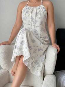 Dazy Plus Lace Patchwork Hem Sleeveless Spaghetti Strap Long Floral Print Dress Loungewear Nightgown Fall - White - View 7